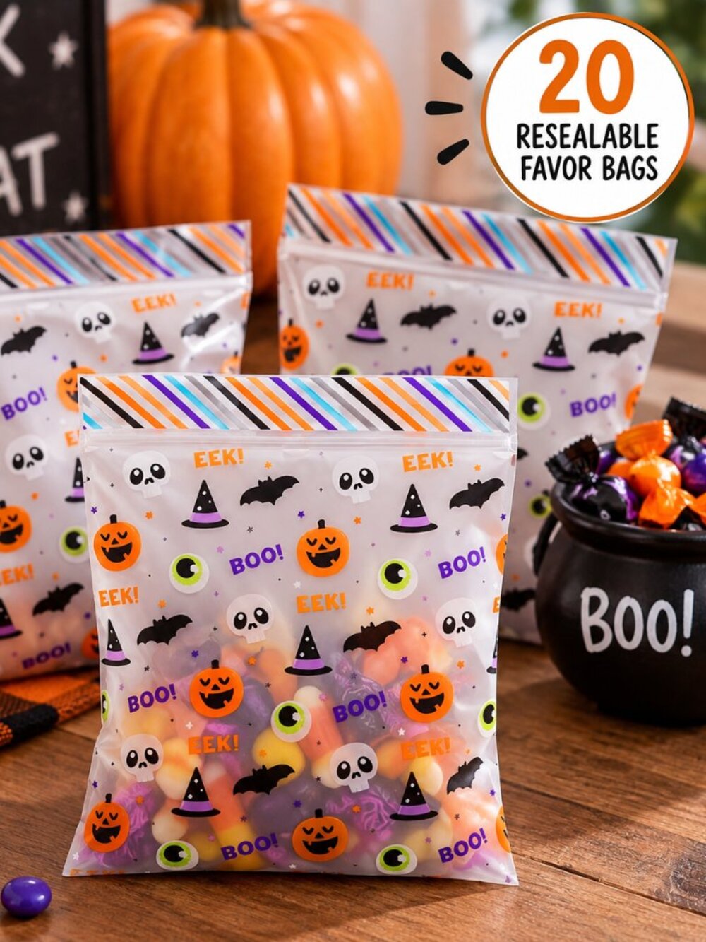 Wilton Halloween Treat Favor Bags 20ct Boo Eek Resealable Candy Party 7x6.5